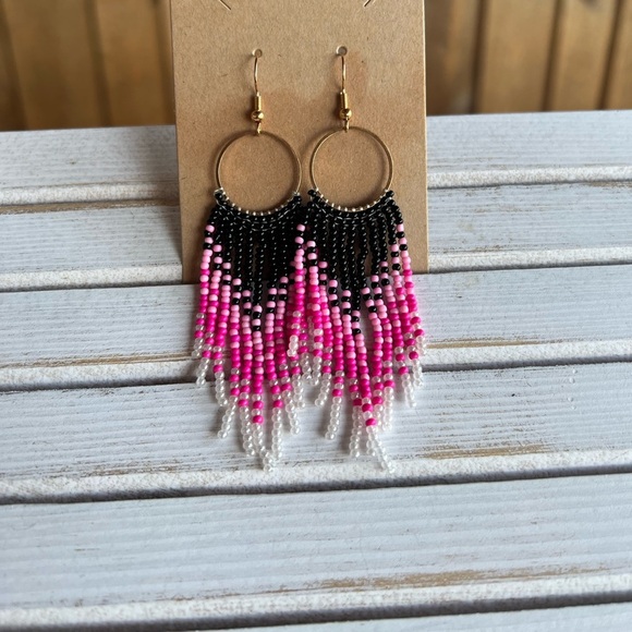 New Pink White Black Hand Beaded tassel boho western tribal earring jewelry gift - Picture 6 of 10